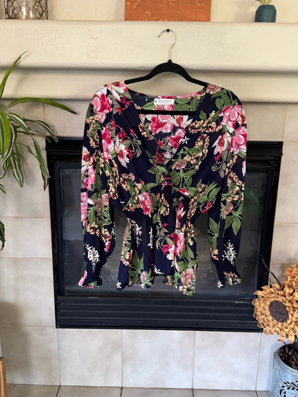 Jon & Anna Navy Floral Wrap Top with Pink and Green Print
